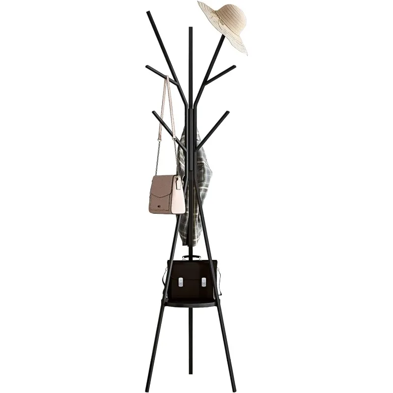 

Metal Hanger Tree - 71 Inch Tall Floor Standing Hanger with Wooden Shelf and 9 Hooks for Handbag Jacket Scarf Holder