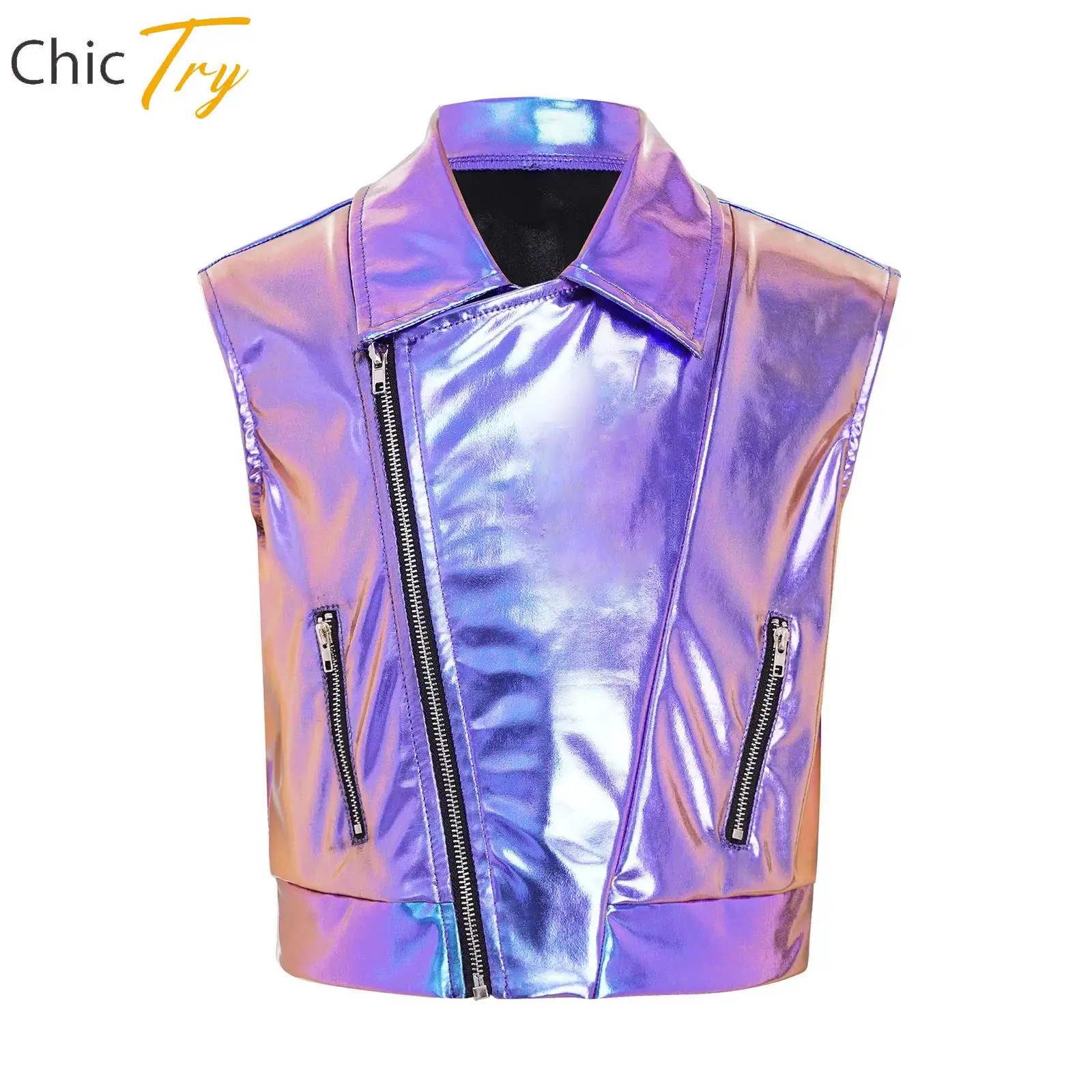 Kids Boys Girls Hip Hop Jazz Dance Costume Zipper Metallic Dance Jacket Sleeveless Outerwear Musical Party Performance Dancewear