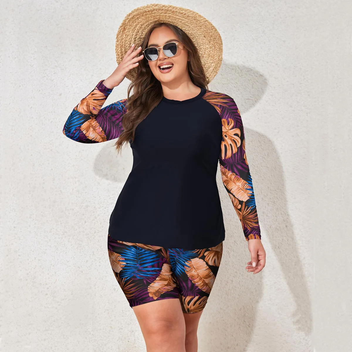 Plus Size 4XL Tankini Swimsuit Set Long Sleeve High Waisted Boyleg Two-Piece with Sun Protection Women Swimwear Bathing Suit