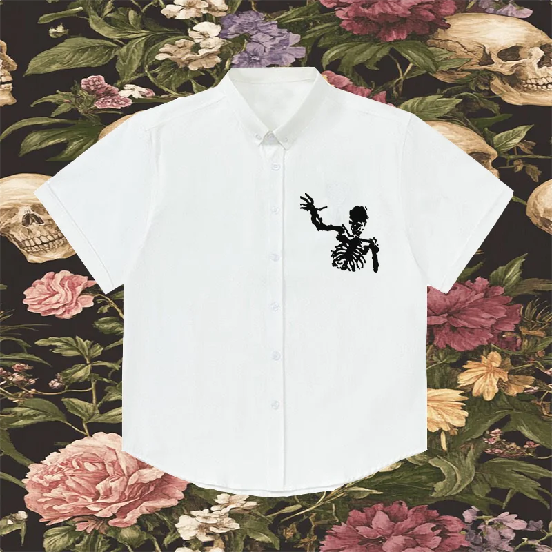 القوطية الرجعية قميص Y2K قميص للجنسين الهيب هوب الهيكل العظمي نمط قصير قميص غير رسمي قميص أبيض ريترو الشرير الرسم المتمردين ضد