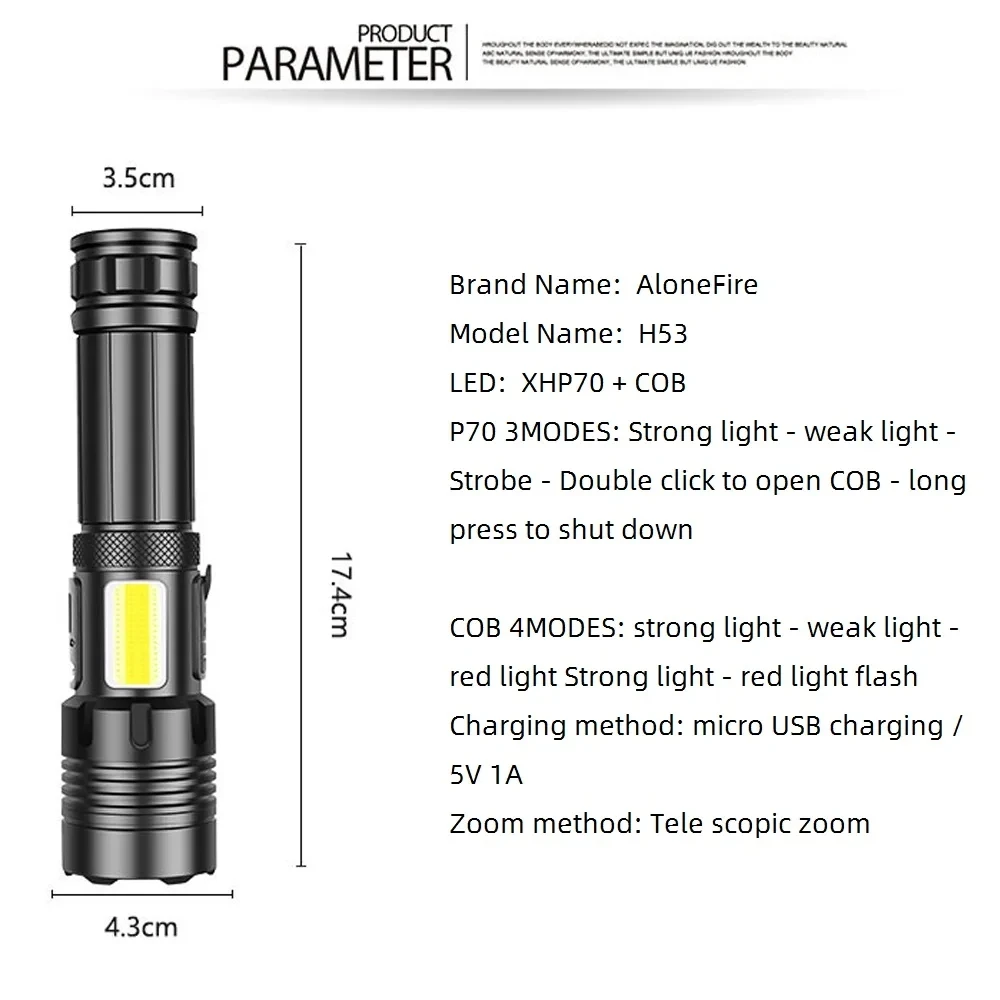 30W Zoom High Power Flashlight Tactical COB Usb rechargeable Outdoor Hiking Camping Hunting Fishing Handheld Patrol Light Torch