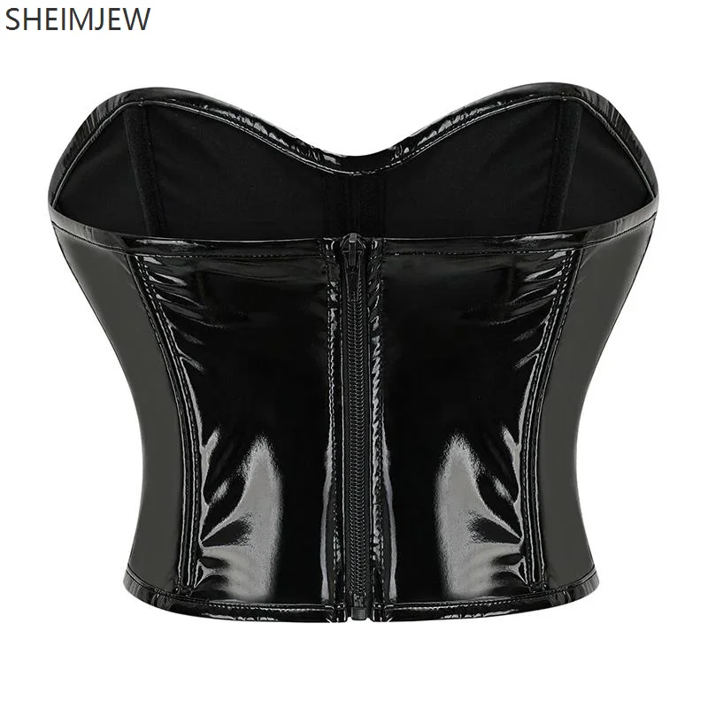 Women Sexy Corset Black Pu Bright Leather Zipper Corsets Gothic Top Navel-exposed Patent Leather Reflective Body Shaping Top New