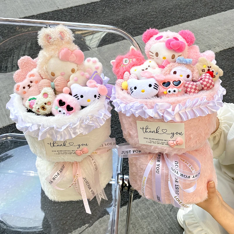 Sanrio Hello Kitty Plush Doll Bouquet Flowers Anime Cartoon Soft Fashion Plush Flower Room Decoration Girl Child Holiday Gifts