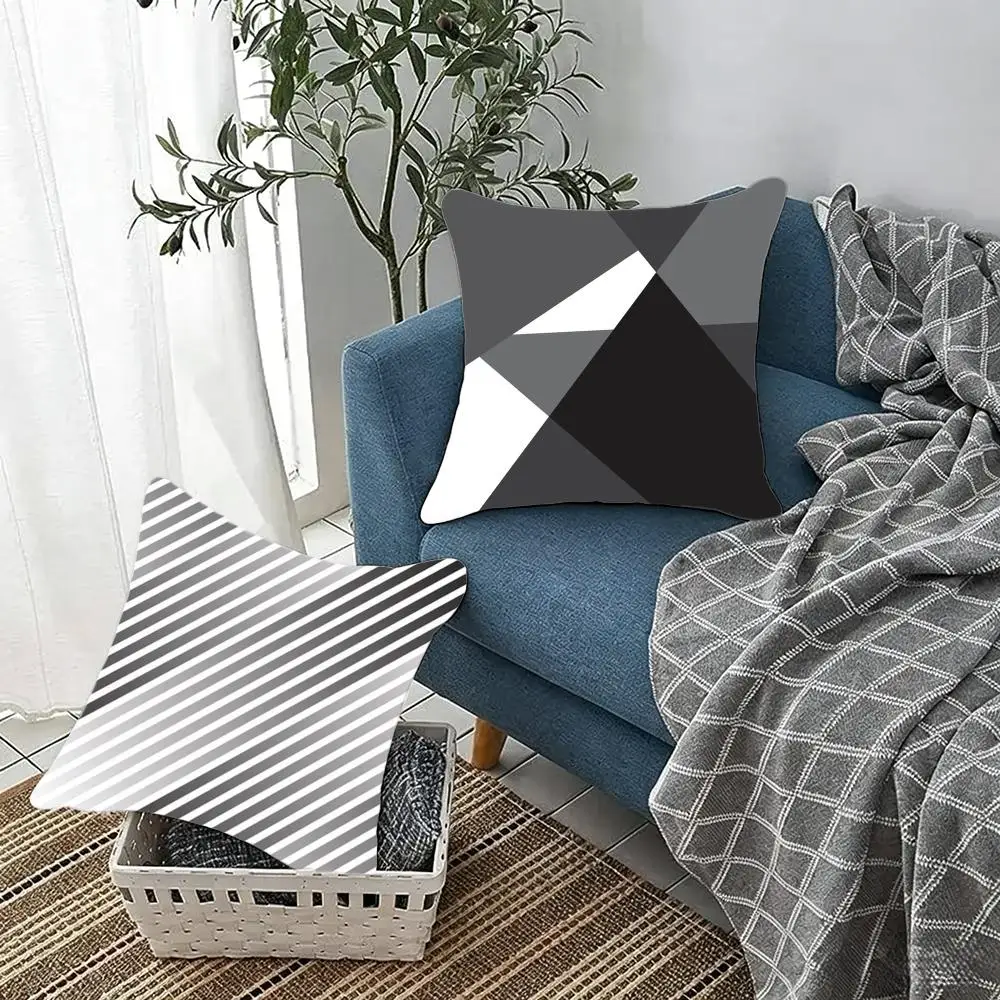 Sleek Minimalist B-Black And White Gray Geometric Cushion Cover Fluffy velvet Nordic style plush Living room sofa decorative