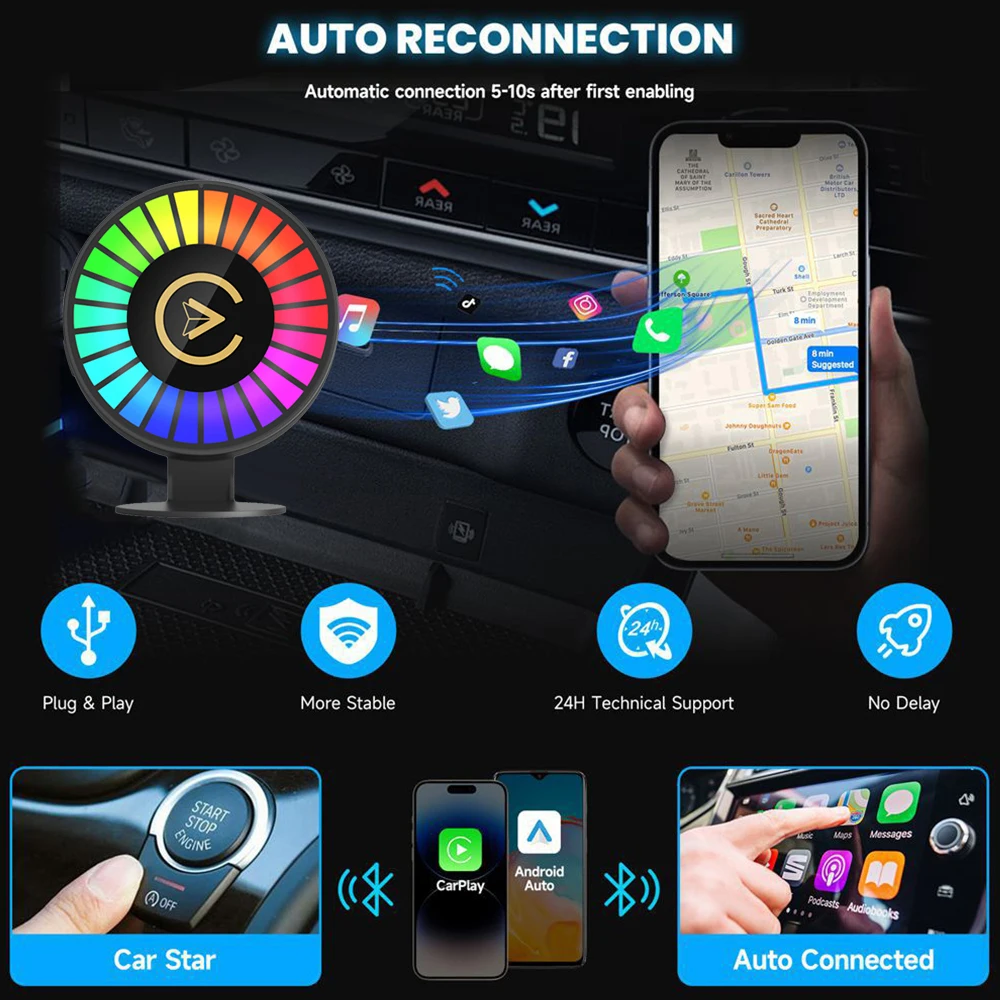 KEBIDUMEI JH2501 سلكي إلى Carplay اللاسلكي 2 في 1 صندوق AI للسيارة الذكية دونغل معطّر الهواء RGB ضوء تنفيس كليب أندرويد محول السيارات