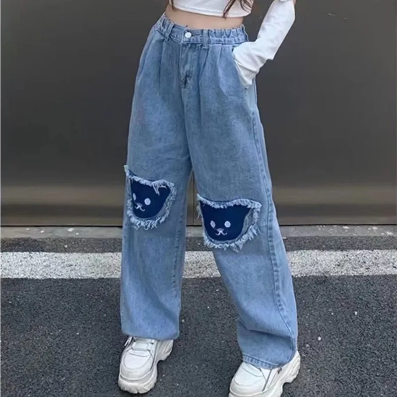 

Kawaii Anime Bear Patch Jeans Y2k Girls Straight Wide Leg Korean Style Demin Pants Casual Hip Hop Grunge Popular Baggy Jeans Yk2