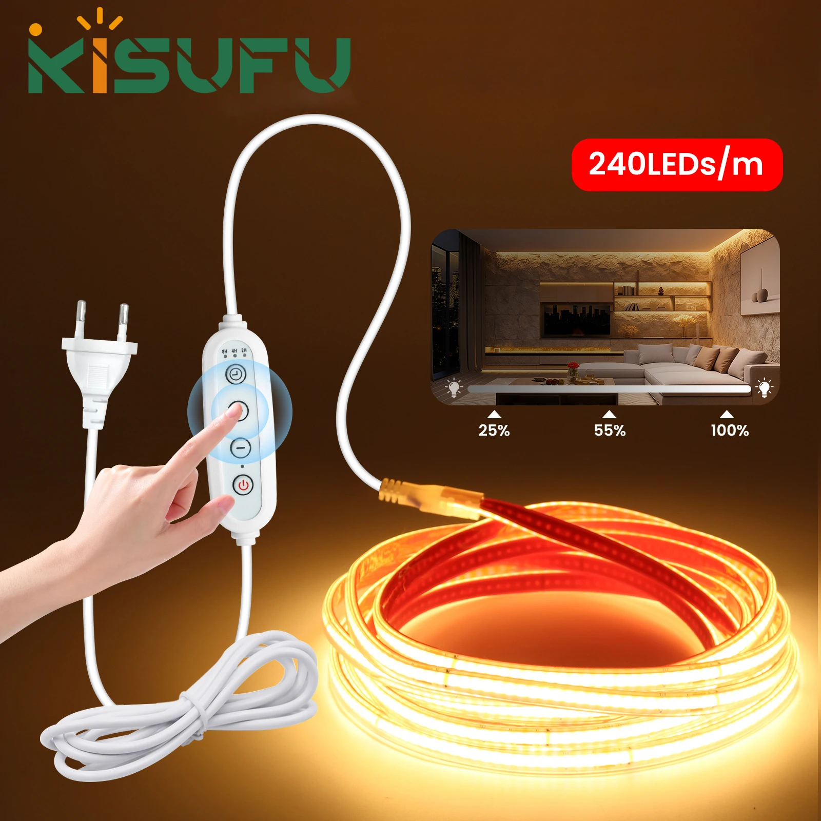 220V Dimmable Switch COB LED Strip Kit White Warm Natural 240LEDs/M 10CM Cut Waterproof Flexible Neon Tape With IC Home Lighting