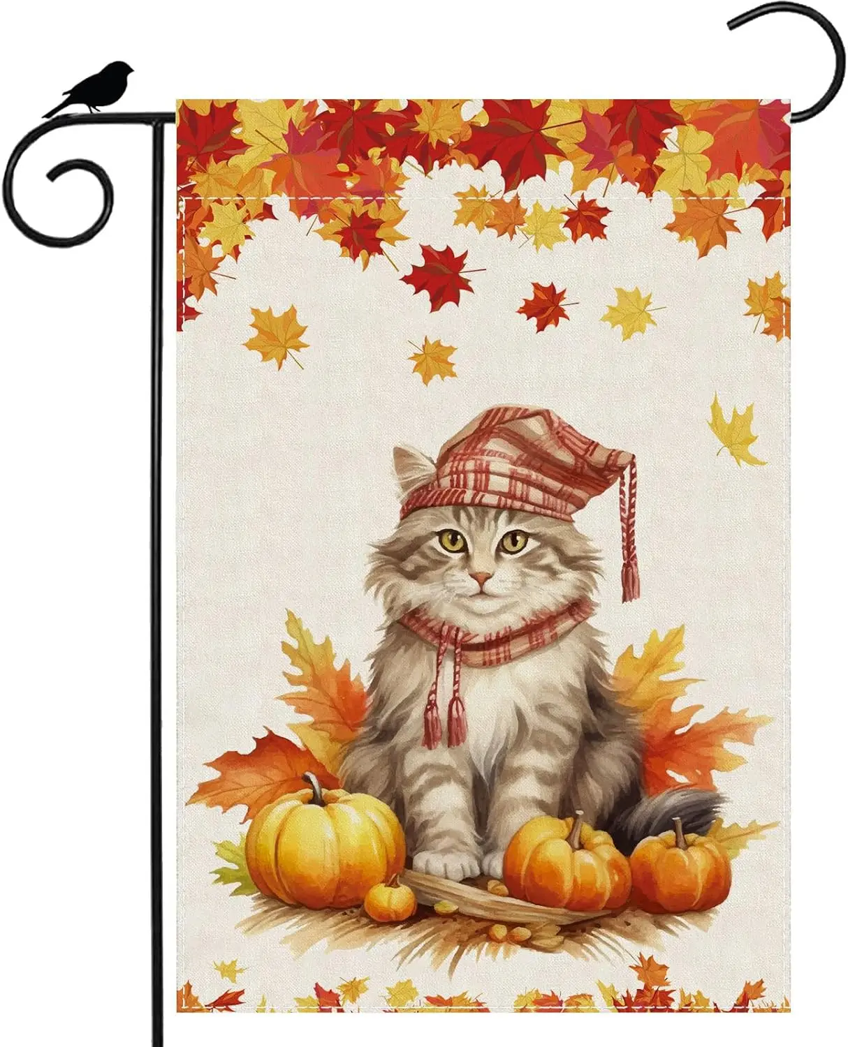 Fall Cat Maple Leaf Pumpkin Autumn Garden Flag 12x18 Inch Double Sided Small Mini Yard Outdoor Outside Holiday Decoration