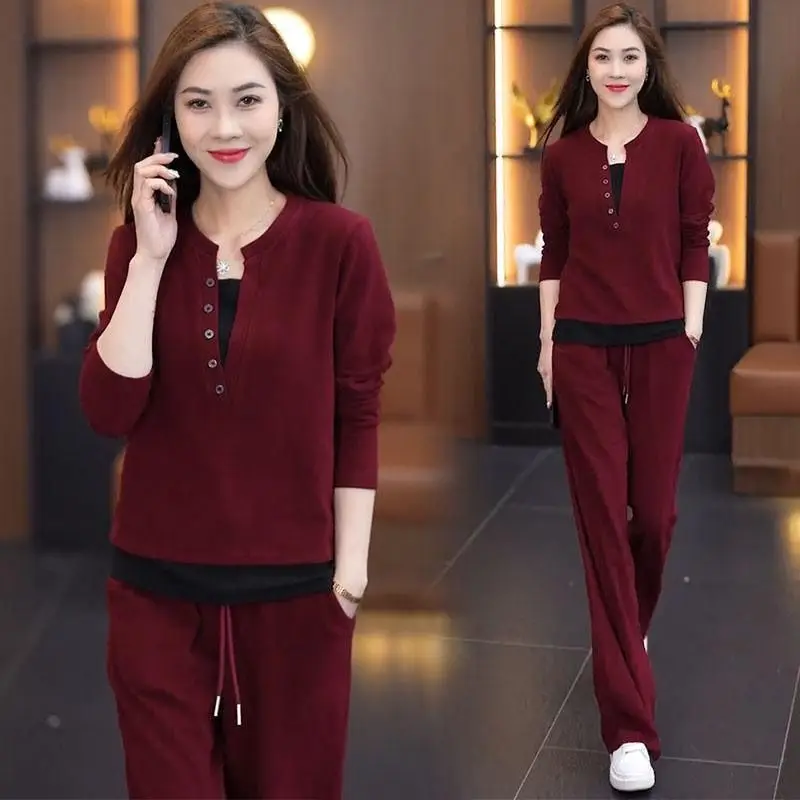 Sports Women's Suit Spring and Autumn Korean Version Fashion Top Casual Wide Leg Pants Two-piece Set