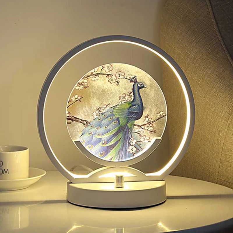 Manual DimmableLED table lamps Round Peacock picture bedside lamp home decor warm romantic bedroom study Acrylic desk lamps