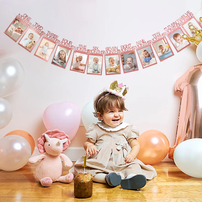 Banner de fotos de cumpleaños para recién nacido, 12 meses, foto de cumpleaños de bebé de un año, marco de fotos, Clip, guirnalda, decoración para