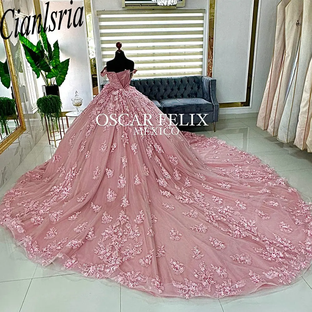 Pink Crystal Beading Off The Shoulder Ball Gown Quinceanera Dresses Appliques Lace Corset Vestidos De 15 Años