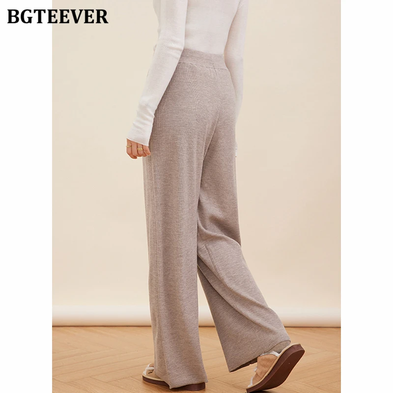 BGTEEVER Stylish Loose Floor-Length Knitted Wide Leg Pants for Women Autumn Winter High Waist Lace-up Female Sweater Trousers