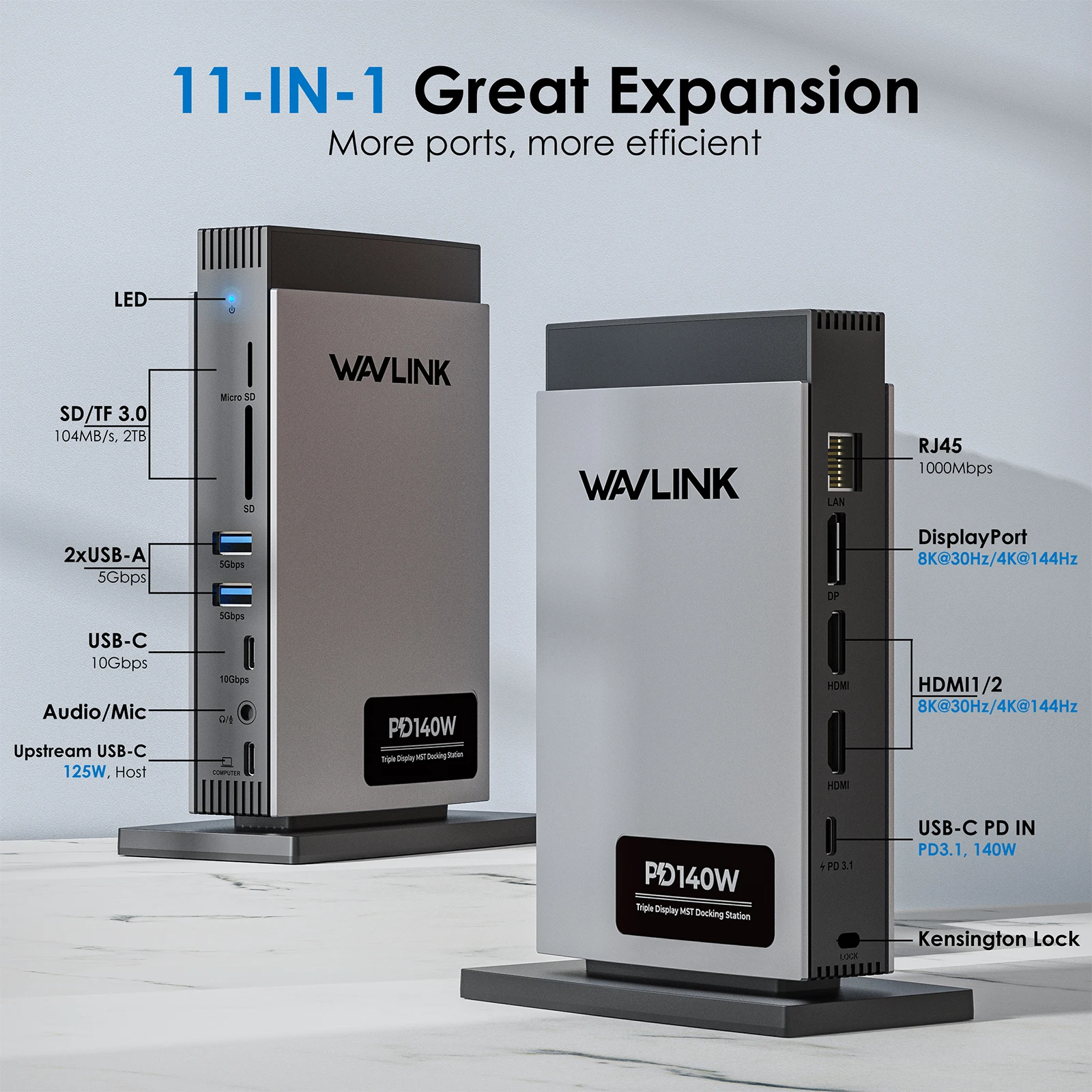 Wavlink 11 In 1 PD3.1 Triple Display USB C Docking Station with 140W Power HDMI*2 + 8K Displayport RJ45, 10G for M1/M2/M3&Win