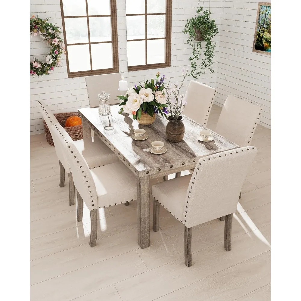 Fort 7 Piece Rustic Wooden Dining Set, Mid-Century Modern Table & Chair Set for Spacious Dining Rooms and Entertaining Guests