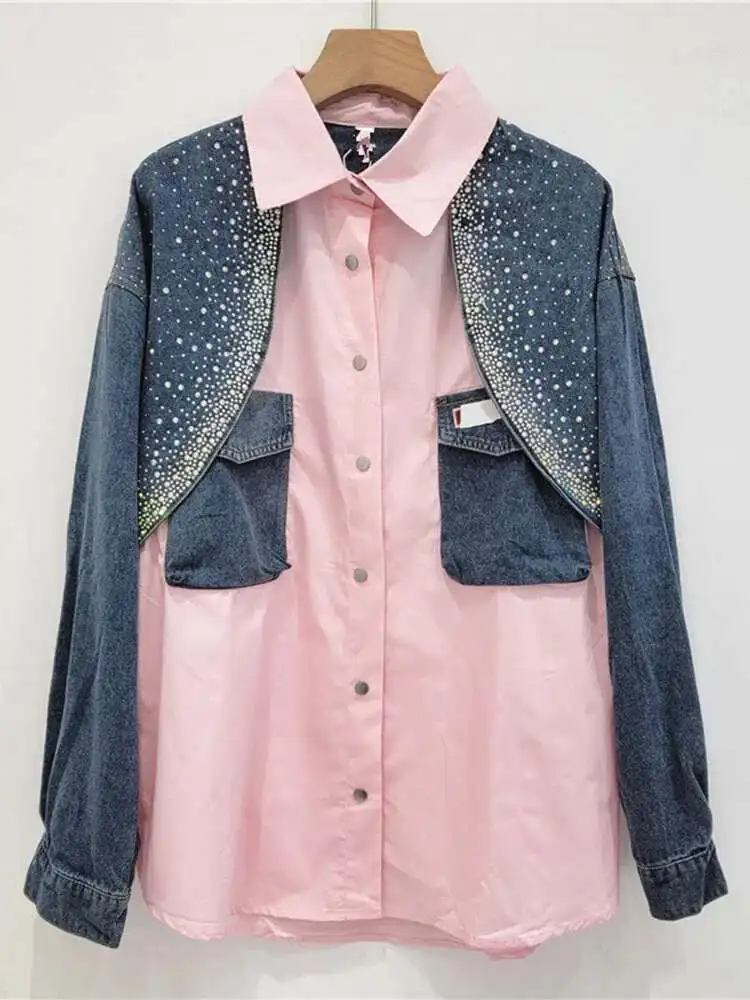 

New Fashion Denim Patchwork Diamond Shirt Korean Loose Single Breasted Long Sleeve Top For Women Spring Summer