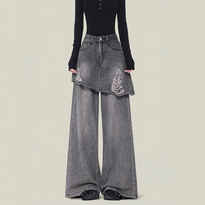 Streetwear Vintage Denim Jeans Women High Street Fake Layer Skirt Panel Jeans Spring Autumn Retro Casual Loose Wide Leg Jeans