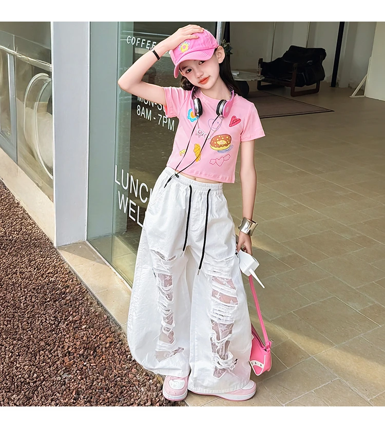 Teenager-Mädchen Mode Street-Style Y2K Kleidungsset Outfits für Mädchen Sommer T-Shirt + zerrissene Hosen Streetwear Coole Kinderkleidung Anzug – Detail 13