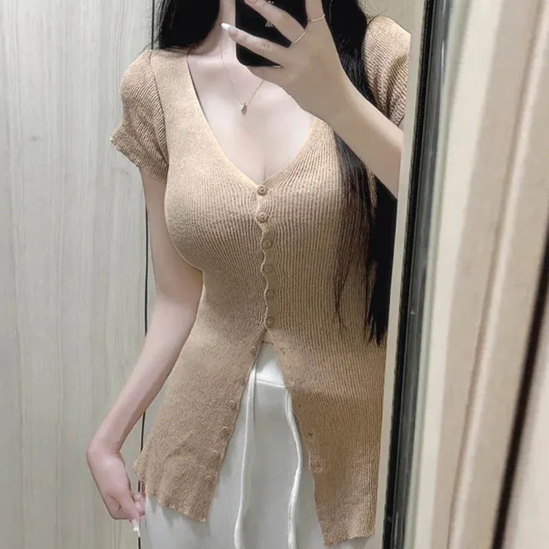 الكورية ضئيلة مثير المؤنث الرغبة النقية الخامس الرقبة قصيرة واحدة الصدر قصيرة الأكمام محبوك فستان أنيق موضة النساء 35MN