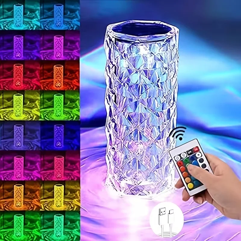 Crystal Diamond Rose Desk Lamp Remote Control Touch Bedlight LED Night Light Bedside Light Dimmable USB Charging Home Office Dat