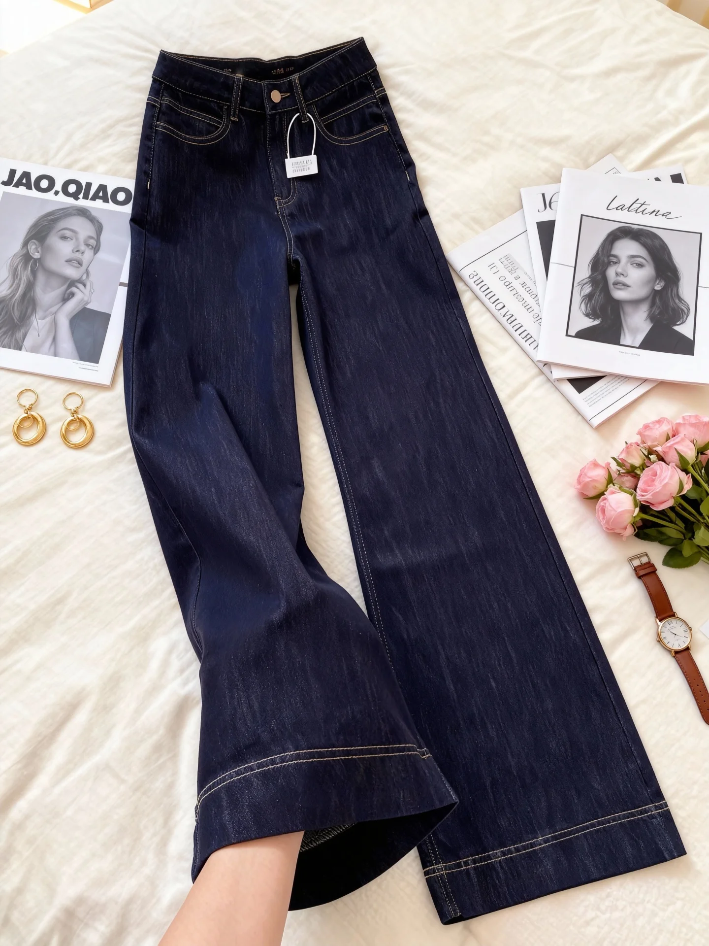 Jeans da donna blu intenso Thiened Fce Pantaloni micro svasati larghi a vita alta Autunno Inverno Pantaloni casual comodi taglie forti