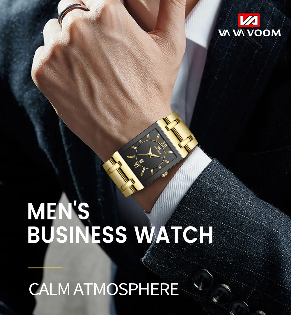 VA VA VOOM Relogio Masculino Watch Men Square Mens Watches Top Brand Luxury Golden Quartz Stainless Steel Waterproof Wrist Watch