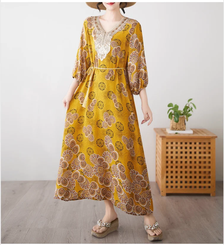 2025 New Casual Loose Lace Cotton Linen Dress Women Summer Printed Boho Beach Long Dress