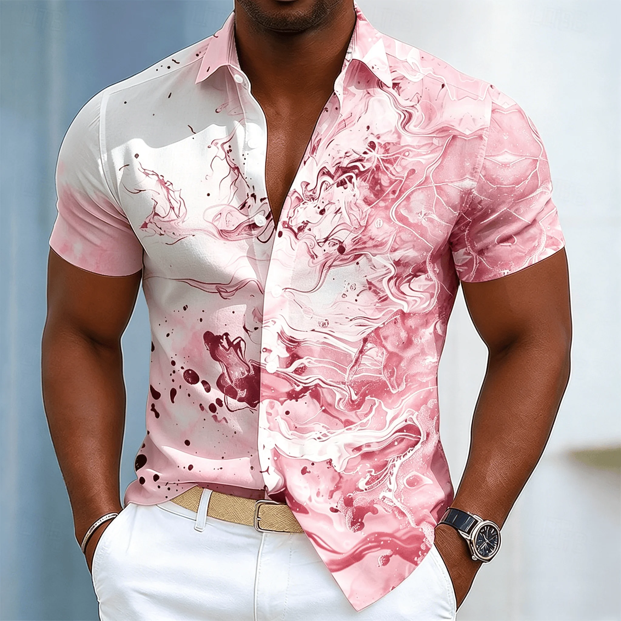 Men's Ink Swirl Art Print Short Sleeve Shirt, Casual Abstract Fluid Pattern Button Down for Spring & Summer