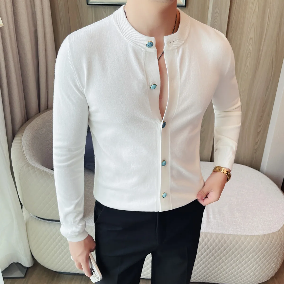 

Quality Elastic Cardigan Men Clothing Fashion Round Collar Long Sleeve Men's Casual Sweaters Slim Fit Single Breasted Pull Homme