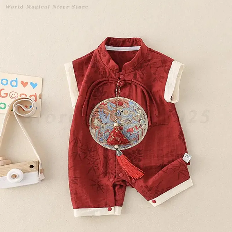 Trajes tradicionales chinos de verano, ropa Tang de Jacquard rojo, mono sin mangas para recién nacidos, pelele Kawaii para niños y niñas