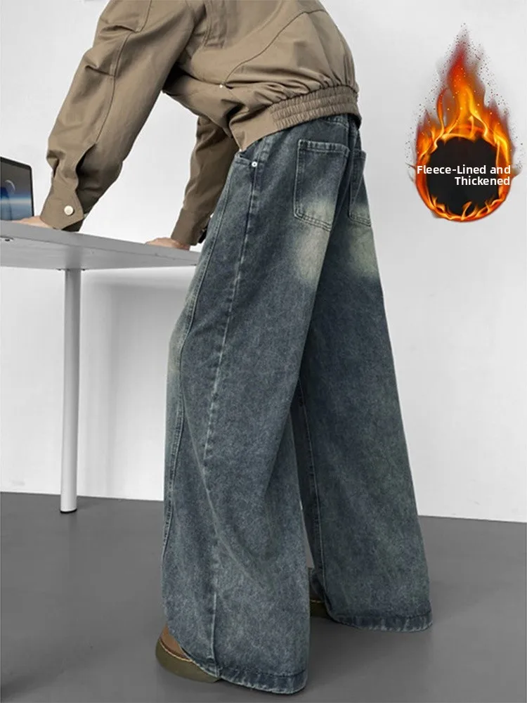 

Retro Blue Knife Denim Jeans Men Winter Trendy Brand Waed Patchwork Fce Lined Thiened Loose Wide Leg Pants