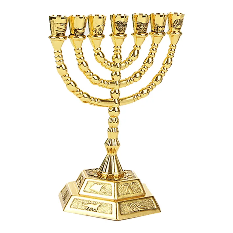 

Golden Jewish Menorah Candle-Holders Religions Candelabra Hanukkah Candlesticks 7 Branch Menorah -L