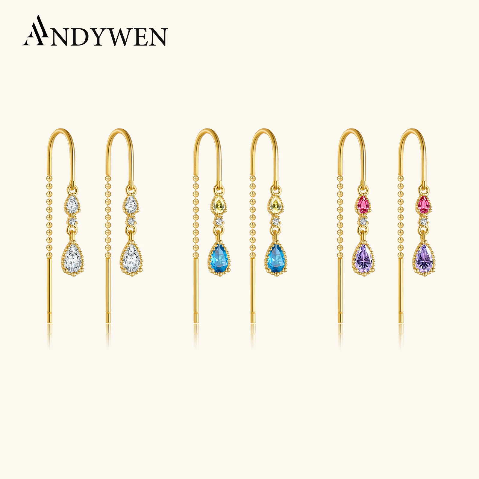 ANDYWEN 925 Sterling Silver Multi-Color Pear Shaped Zircon CZ Crystal Double Layer Chain Luxury Drop Dangle Earrings for Women