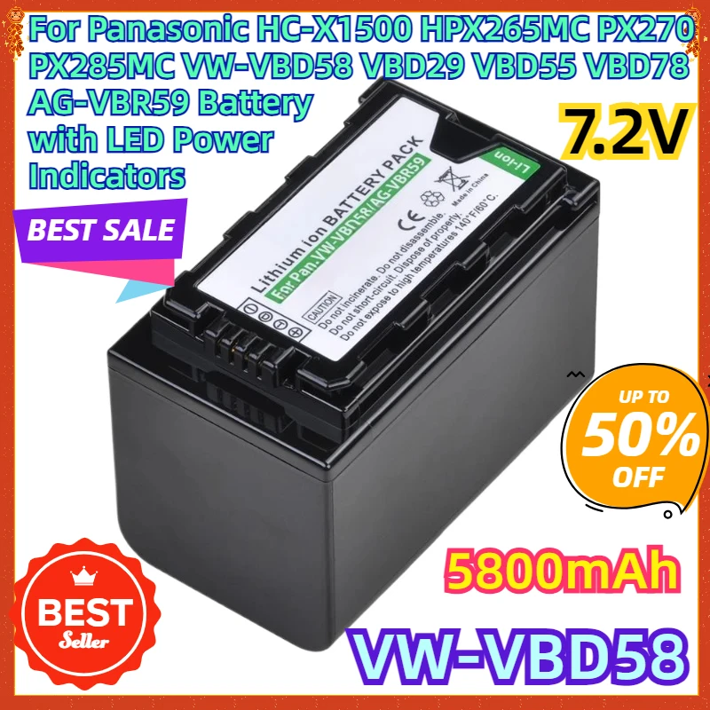 

For Panasonic HC-X1500 HPX265MC PX270 PX285MC 5800mAh VW-VBD58 VBD29 VBD55 VBD78 AG-VBR59 Battery with LED Power Indicators