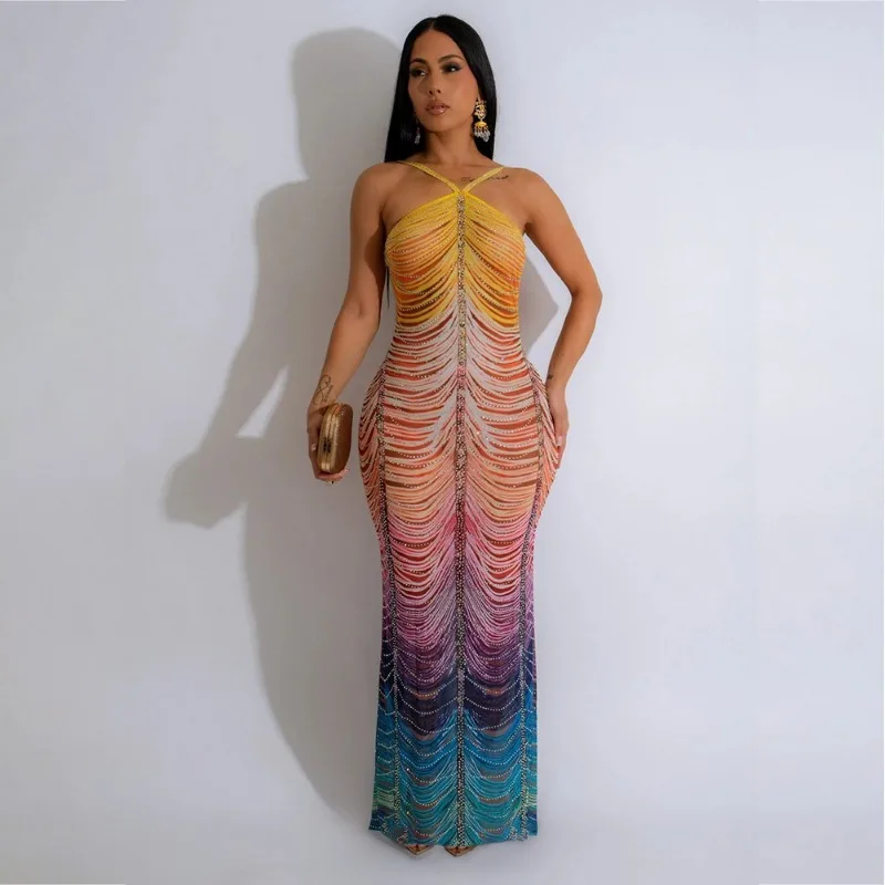 

Gradient Striped Diamonds Bodycon Maxi Evening Party Dress Women Spaghetti Straps Halter Backless Banquet Robe Birthday Outfits