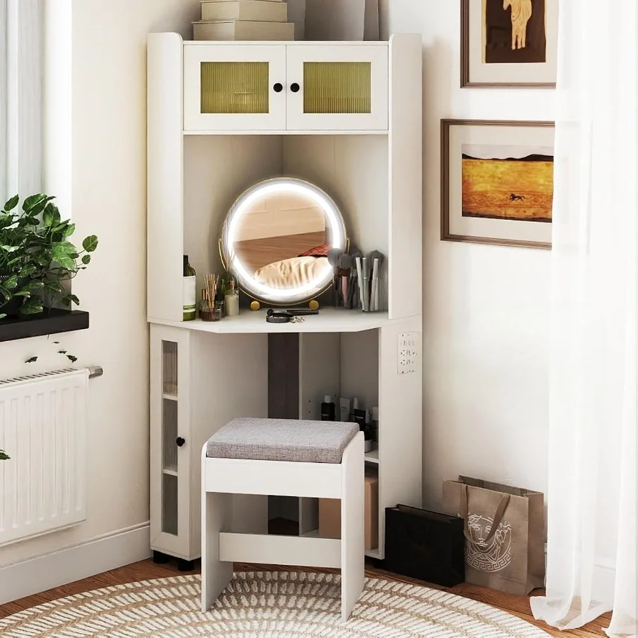Corner Vanity Desk with Mirror Lights, Compact Dressing Table with Charging Station Cushioned Stool, Modern Makeup Vanity with