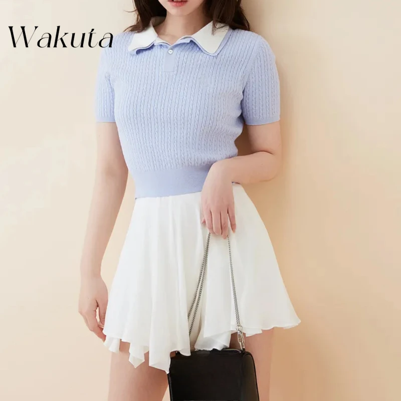 WAKUTA Japanese Spring Summer College Wind Hemp Double Layer Lapel Short Sleeve Sweaters Kawaii Harajuku Retro Y2K Knitting Top