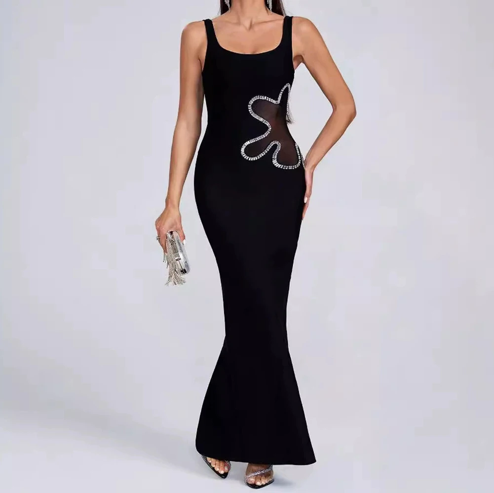 

Knitted high-elastic suspender dress black waist side mesh diamond long dress evening dress-GZXX865