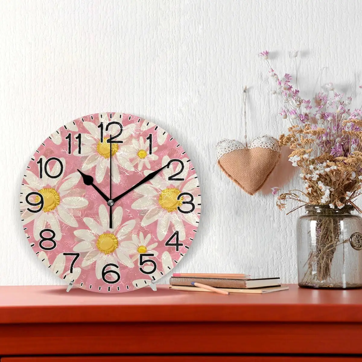 Pink Daisy Wall Clock Battery Operated Non Ticking Silent Quartz Analog Rustic Farmhouse Round Clock Retro Decor for Home Kitche