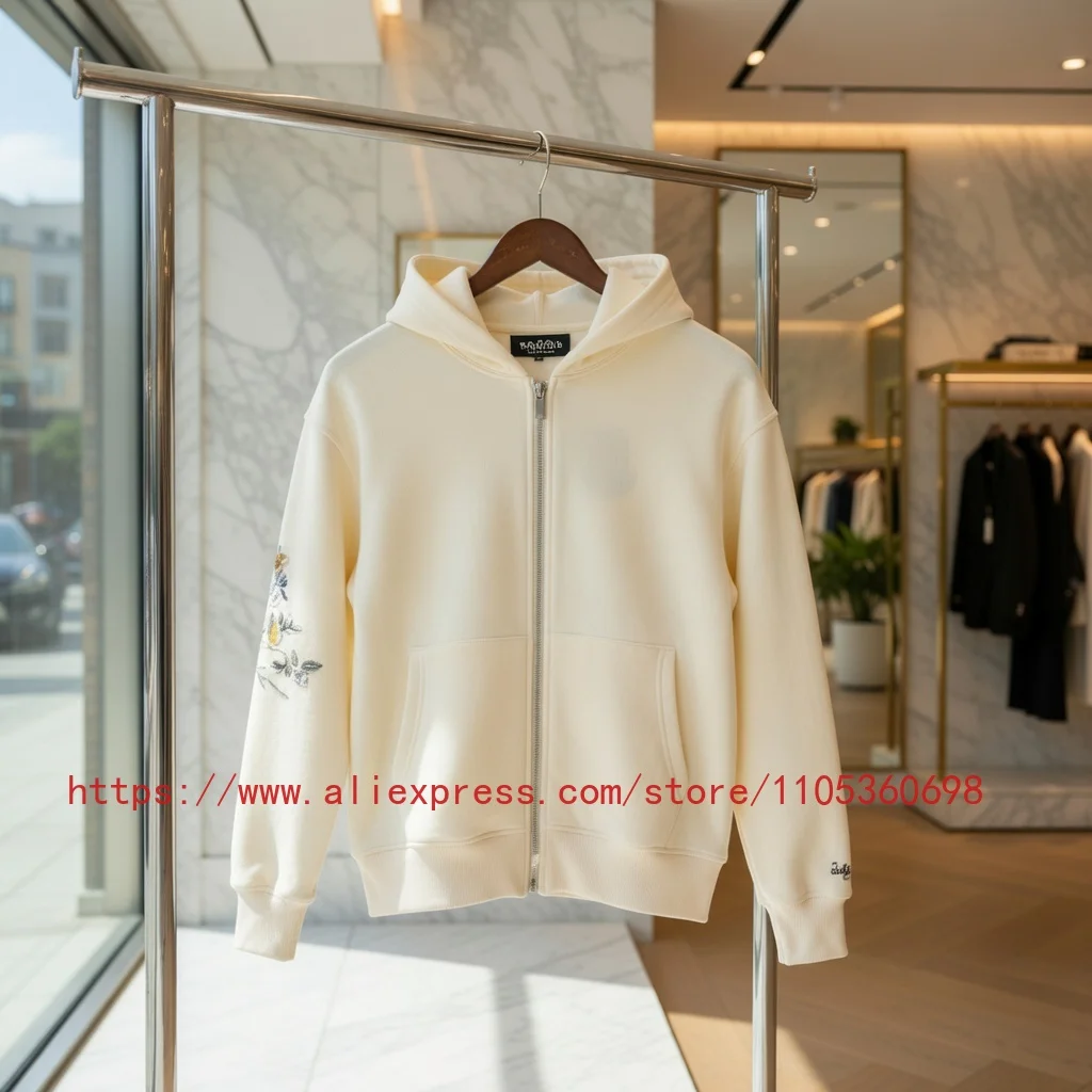 

Real Photo DERSCHUTZE Men's Cream Zip Up Hoodie Lemon Floral Vase Embroidery Back Streetwear Loose Hooded Sweatshirt