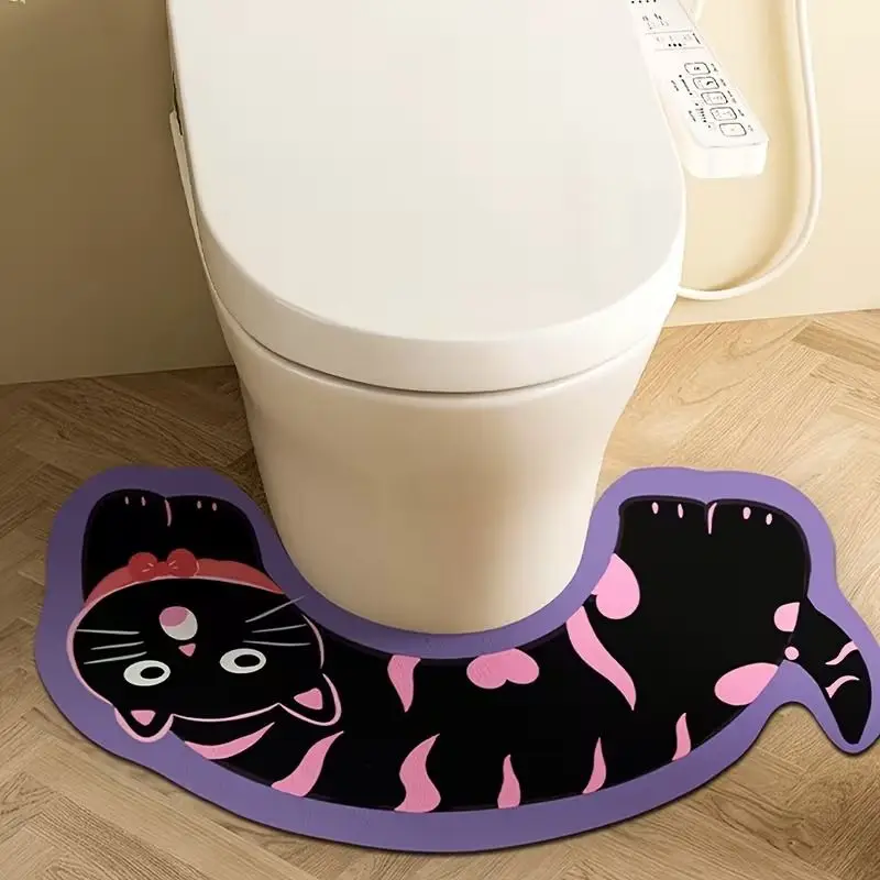VIKAMA Black Cat U-Shaped Toilet Mat, Cute and Edgy Kitten Water-Absorbent Non-Slip Bathroom Rug, Bathroom and Toilet Home Decor