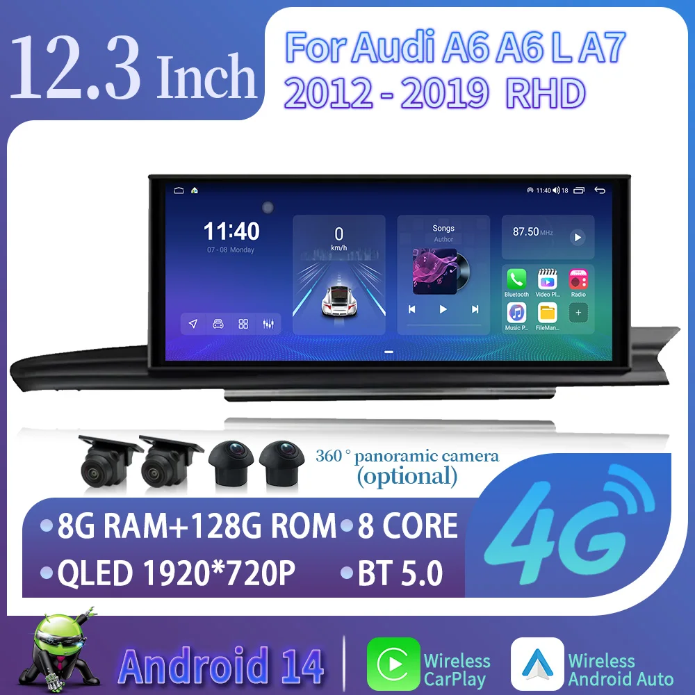 12.3" Android 14 For Audi A6 A6L A7 2012-2019 Right Hand Drive Car Radio GPS Multimedia Apple Carplay Navigation Stereo Screen