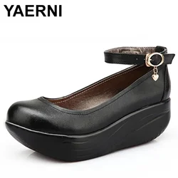 YAERNI Spring Autumn Women Swing Shoes Black Leather Ankle Wedges Shoes Comfortable Thick Sole Height Increase Shoes Big Size