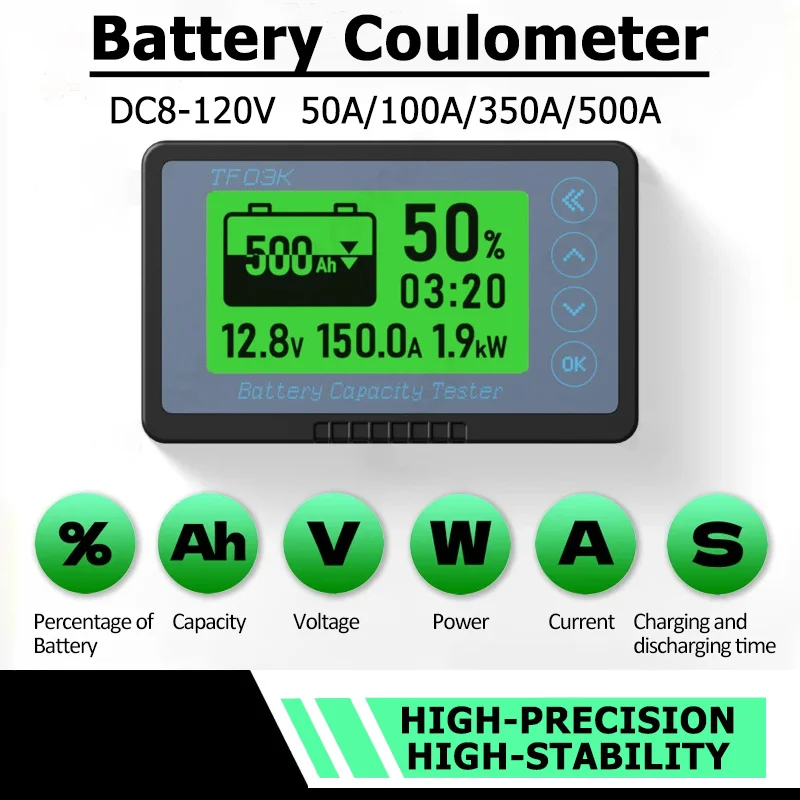 TF03K Coulomb Counter Meter DC8-120V Battery Capacity Indicator Voltage Current Display Lithium for Lead Acid Battery Detector