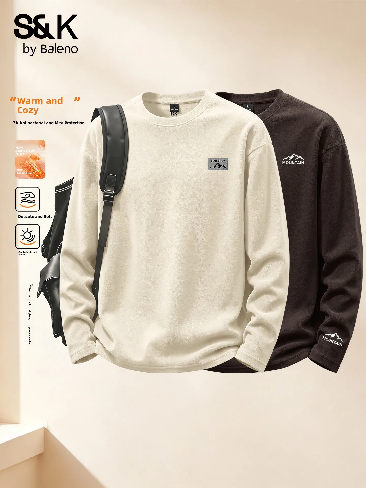 Baleno Men's Long Sleeve Fleece Lined round Neck Thermal Shirt Double Sided Warm Velvet Autumn Winter Base Layer T-Shirt
