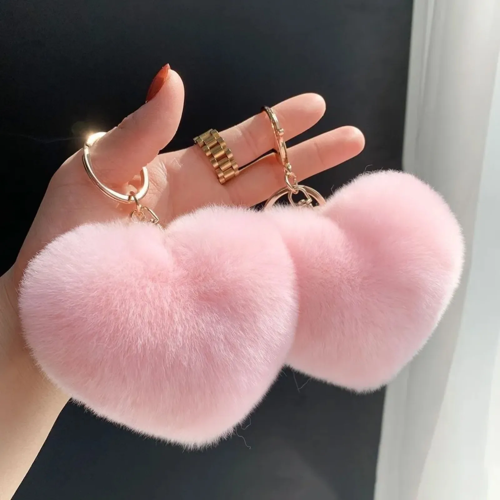 LLavero de corazón de pompón con bola de piel de conejo Rex auténtica esponjosa, llavero de piel auténtica suave, bonito bolso de piel, accesorios para mujer