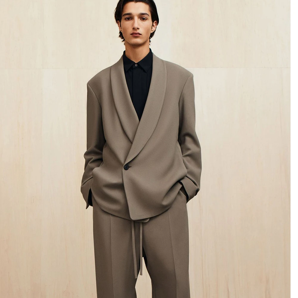 

Taupe Men's Suits Fashion Business 2 Piece Jacket Pants Sets High Quality One-Button Shawl Lapel Slim Fit Male Clothing Outfits