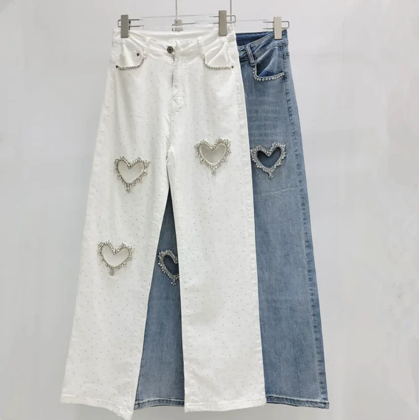 Vrouwen Jeans Hoge Taille Rechte Hart Hol Effen Kleur Volledige Diamanten Denim Broek 2025, Lente Nieuwe Mode w1174