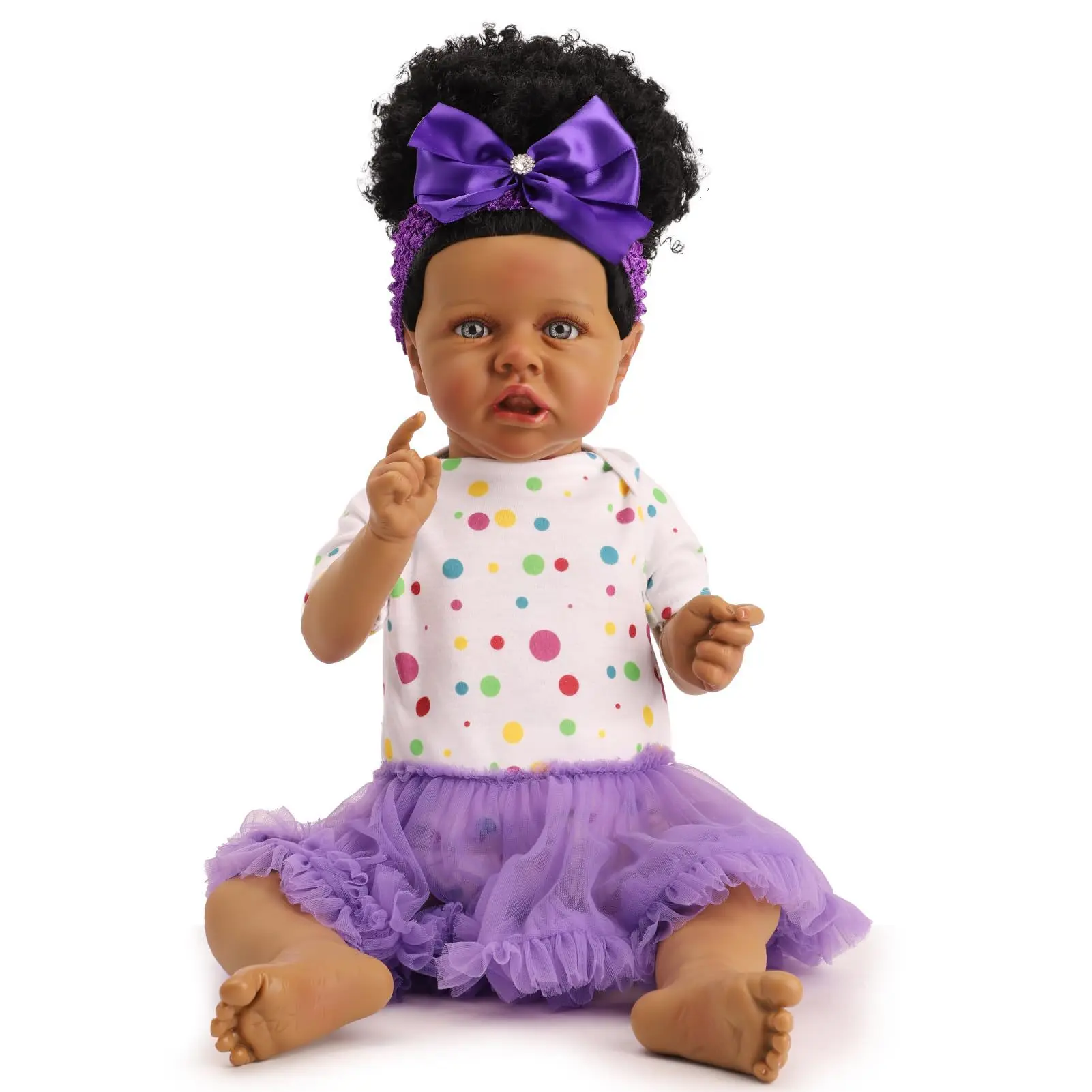 22 Inch Black Vinyl Reborn Baby Doll Toy, Rare Edition, Purple Dress, Realistic Black Skin & Facial Features,Color Box Packaging
