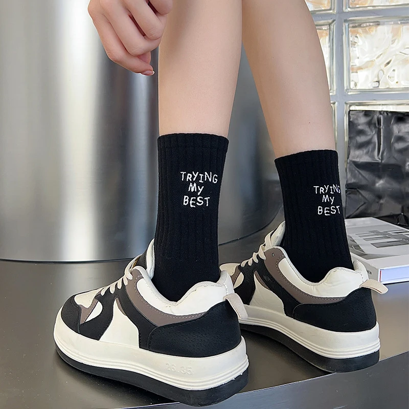 Women Crew Socks New Spring Summer Japanese Style Letter Embroidery Sports Socks Women\'s Breathable Girls White Cotton Socks